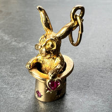 Load image into Gallery viewer, French Rabbit Heart Magician Hat 18K Yellow Gold Ruby Charm Pendant
