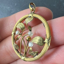 Load image into Gallery viewer, French Mistletoe Leaves and Berries Love 18K Yellow Gold Pearl Charm Pendant