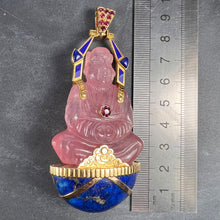 Load image into Gallery viewer, Large French 18K Yellow Gold Ruby Rose Quartz Lapis Buddha Pendant
