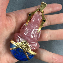 Load image into Gallery viewer, Large French 18K Yellow Gold Ruby Rose Quartz Lapis Buddha Pendant