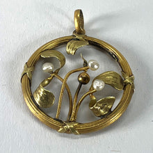Load image into Gallery viewer, French Mistletoe Leaves and Berries Love 18K Yellow Gold Pearl Charm Pendant