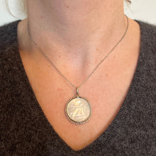 Load image into Gallery viewer, French Mother of Pearl Rafael’s Cherub 18K White Gold Seed Pearl Medal Pendant