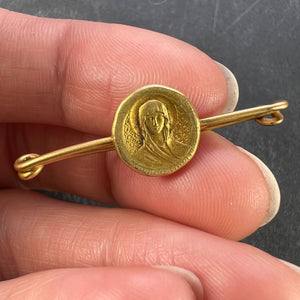 French Virgin Mary Medal Safety Pin 18K Yellow Gold Charm Brooch