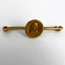Load image into Gallery viewer, French Virgin Mary Medal Safety Pin 18K Yellow Gold Charm Brooch