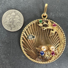 Load image into Gallery viewer, Large French 18K Yellow Gold Lovebirds Emerald Ruby Sapphire Diamond Pendant