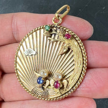 Load image into Gallery viewer, Large French 18K Yellow Gold Lovebirds Emerald Ruby Sapphire Diamond Pendant