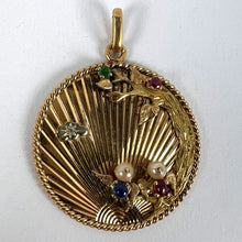 Load image into Gallery viewer, Large French 18K Yellow Gold Lovebirds Emerald Ruby Sapphire Diamond Pendant