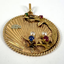 Load image into Gallery viewer, Large French 18K Yellow Gold Lovebirds Emerald Ruby Sapphire Diamond Pendant