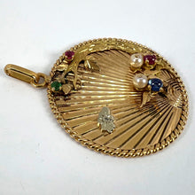 Load image into Gallery viewer, Large French 18K Yellow Gold Lovebirds Emerald Ruby Sapphire Diamond Pendant