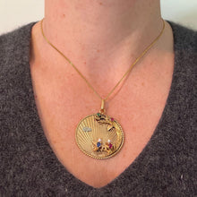 Load image into Gallery viewer, Large French 18K Yellow Gold Lovebirds Emerald Ruby Sapphire Diamond Pendant
