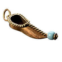 Load image into Gallery viewer, Curled Toe Shoe 14K Yellow Gold Blue Bead Charm Pendant