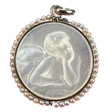 Load image into Gallery viewer, French Mother of Pearl Rafael’s Cherub 18K White Gold Seed Pearl Medal Pendant
