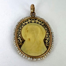Load image into Gallery viewer, French 18K Yellow Gold Seed Pearl Bakelite Virgin Mary Charm Pendant