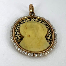 Load image into Gallery viewer, French 18K Yellow Gold Seed Pearl Bakelite Virgin Mary Charm Pendant