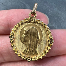 Load image into Gallery viewer, French Perroud Virgin Mary Flowers Leaves Wreath 18K Yellow Gold Medal Charm Pendant