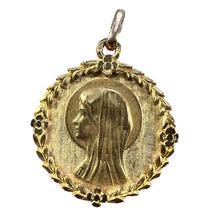 Load image into Gallery viewer, French Perroud Virgin Mary Flowers Leaves Wreath 18K Yellow Gold Medal Charm Pendant