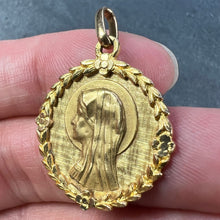 Load image into Gallery viewer, French Perroud Virgin Mary Flowers Leaves Wreath 18K Yellow Gold Medal Charm Pendant