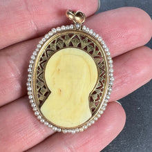 Load image into Gallery viewer, French 18K Yellow Gold Seed Pearl Bakelite Virgin Mary Charm Pendant