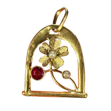 Load image into Gallery viewer, French Lucky Horseshoe and Flower 18K Yellow Gold Pearl Charm Pendant