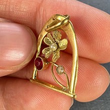 Load image into Gallery viewer, French Lucky Horseshoe and Flower 18K Yellow Gold Pearl Charm Pendant