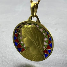 Load image into Gallery viewer, French E Dropsy Virgin Mary Plique A Jour Enamel 18K Yellow Gold Pendant Medal