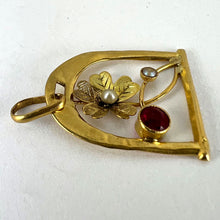 Load image into Gallery viewer, French Lucky Horseshoe and Flower 18K Yellow Gold Pearl Charm Pendant