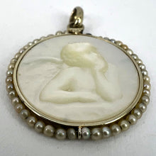 Load image into Gallery viewer, French Mother of Pearl Rafael’s Cherub 18K White Gold Seed Pearl Medal Pendant