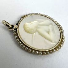 Load image into Gallery viewer, French Mother of Pearl Rafael’s Cherub 18K White Gold Seed Pearl Medal Pendant