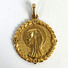 Load image into Gallery viewer, French Perroud Virgin Mary Flowers Leaves Wreath 18K Yellow Gold Medal Charm Pendant