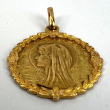 Load image into Gallery viewer, French Perroud Virgin Mary Flowers Leaves Wreath 18K Yellow Gold Medal Charm Pendant