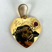 Load image into Gallery viewer, French Je T'aime Flower Heart 18K Yellow Gold Ruby Love Charm Pendant