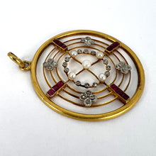 Load image into Gallery viewer, Edwardian Target Diamond Pearl Ruby 18K Yellow Gold Pendant