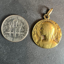 Load image into Gallery viewer, French Virgin Mary Roses and Leaves 18K Yellow Gold Religious Medal Pendant