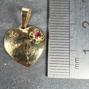 French Je T'aime Flower Heart 18K Yellow Gold Ruby Love Charm Pendant