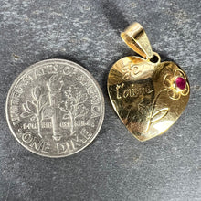 Load image into Gallery viewer, French Je T'aime Flower Heart 18K Yellow Gold Ruby Love Charm Pendant