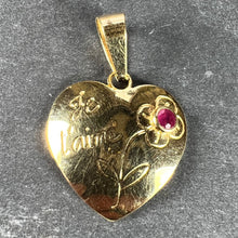 Load image into Gallery viewer, French Je T'aime Flower Heart 18K Yellow Gold Ruby Love Charm Pendant