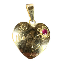Load image into Gallery viewer, French Je T'aime Flower Heart 18K Yellow Gold Ruby Love Charm Pendant