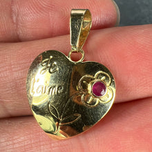 Load image into Gallery viewer, French Je T'aime Flower Heart 18K Yellow Gold Ruby Love Charm Pendant