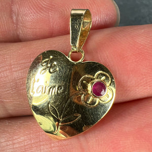 French Je T'aime Flower Heart 18K Yellow Gold Ruby Love Charm Pendant