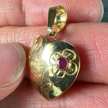 Load image into Gallery viewer, French Je T'aime Flower Heart 18K Yellow Gold Ruby Love Charm Pendant