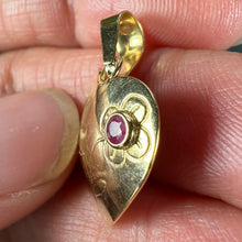 Load image into Gallery viewer, French Je T'aime Flower Heart 18K Yellow Gold Ruby Love Charm Pendant