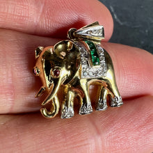 Load image into Gallery viewer, French Lucky Elephant Emerald Diamond Ruby 18K Yellow Gold Charm Pendant