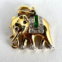 Load image into Gallery viewer, French Lucky Elephant Emerald Diamond Ruby 18K Yellow Gold Charm Pendant