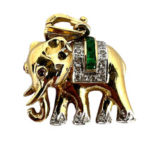 Load image into Gallery viewer, French Lucky Elephant Emerald Diamond Ruby 18K Yellow Gold Charm Pendant
