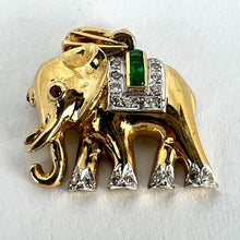 Load image into Gallery viewer, French Lucky Elephant Emerald Diamond Ruby 18K Yellow Gold Charm Pendant