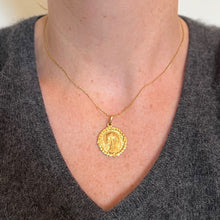 Load image into Gallery viewer, French Perroud Virgin Mary Flowers Leaves Wreath 18K Yellow Gold Medal Charm Pendant