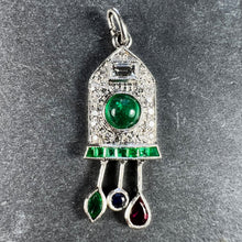 Load image into Gallery viewer, Art Deco Cuckoo Clock Platinum Diamond Emerald Ruby Sapphire Charm Pendant