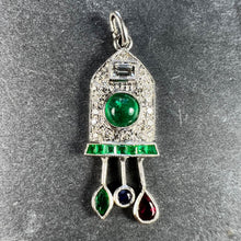 Load image into Gallery viewer, Art Deco Cuckoo Clock Platinum Diamond Emerald Ruby Sapphire Charm Pendant