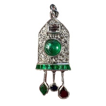 Load image into Gallery viewer, Art Deco Cuckoo Clock Platinum Diamond Emerald Ruby Sapphire Charm Pendant