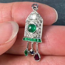 Load image into Gallery viewer, Art Deco Cuckoo Clock Platinum Diamond Emerald Ruby Sapphire Charm Pendant